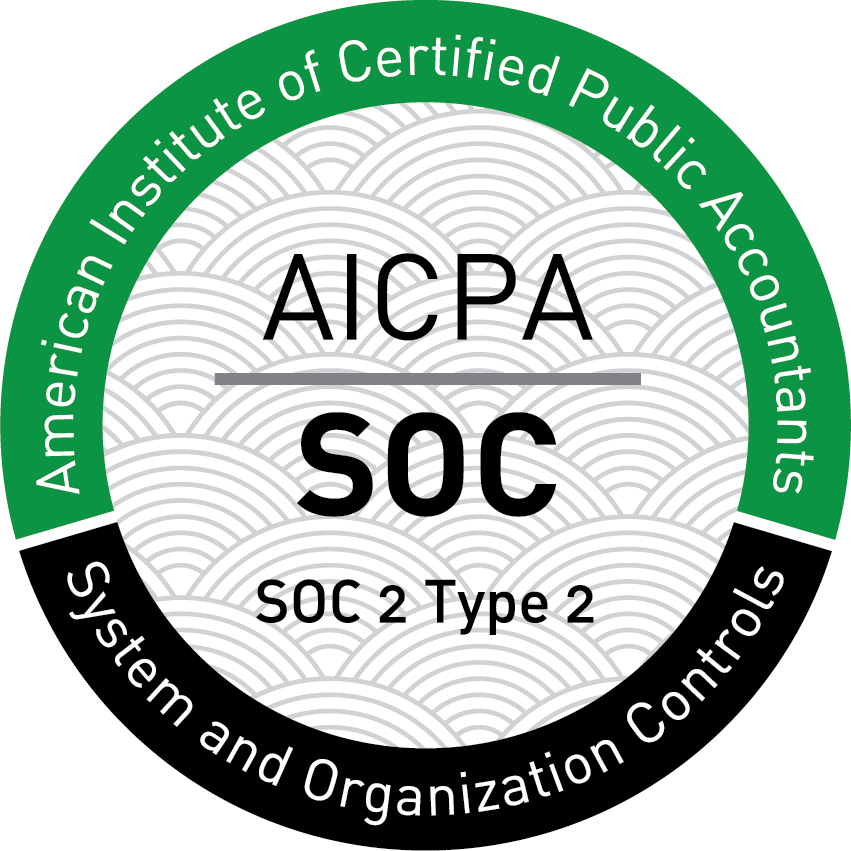 Badge for AICPA (American Institute of Certified Public Accountants) SOC 2 Type 2 system and organisation controls. The badge is circular, official-style seal, with a segmented outer ring, central emblem area, and a subtle patterned background, desig