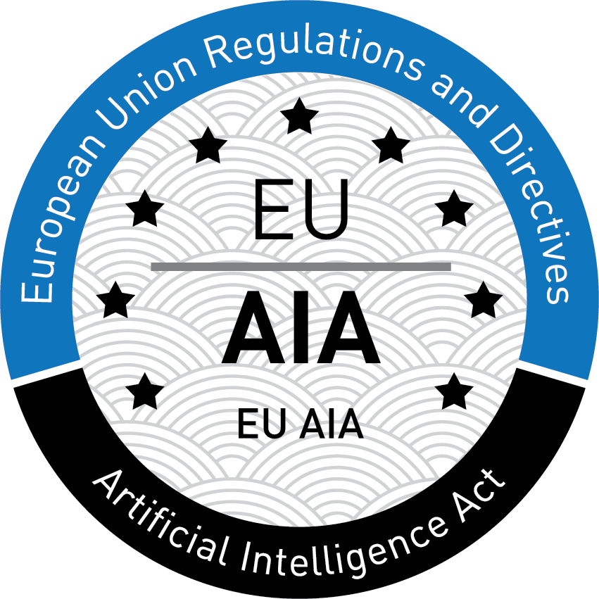 Badge for EU AI (Artificial Intelligence) Act. The badge is circular, official-style seal, with a segmented outer ring, central emblem area, and a subtle patterned background, designed in a clean, formal style.