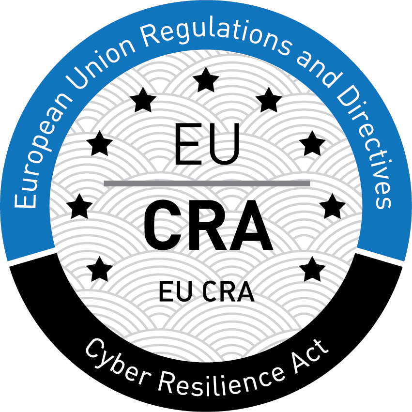 Badge for EU CRA (Cyber Resilience Act). The badge is circular, official-style seal, with a segmented outer ring, central emblem area, and a subtle patterned background, designed in a clean, formal style.