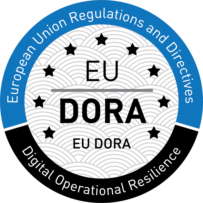 Badge for EU DORA (Digital Operational Resilience Act). The badge is circular, official-style seal, with a segmented outer ring, central emblem area, and a subtle patterned background, designed in a clean, formal style.