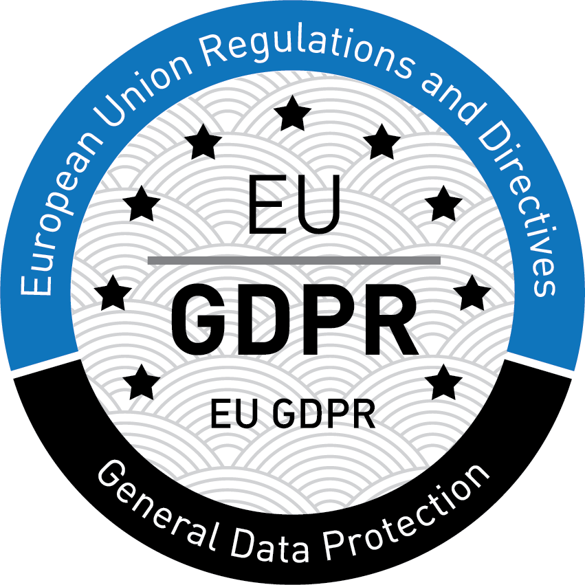 Badge for EU GDPR (General Data Protection Regulation). The badge is circular, official-style seal, with a segmented outer ring, central emblem area, and a subtle patterned background, designed in a clean, formal style.