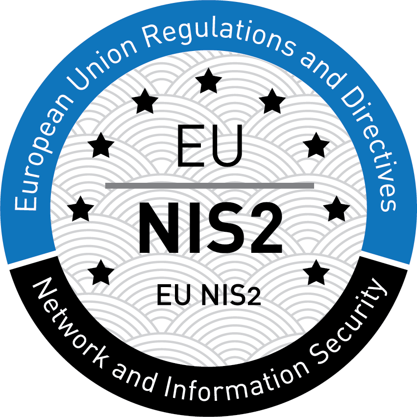 Badge for EU NIS2 (Network and Information Systems Directive 2). The badge is circular, official-style seal, with a segmented outer ring, central emblem area, and a subtle patterned background, designed in a clean, formal style.