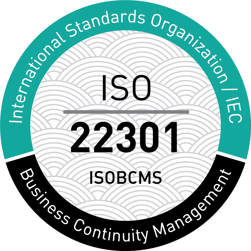 Badge for ISO 22301 Business Continuity Management Systems. The badge is circular, official-style seal, with a segmented outer ring, central emblem area, and a subtle patterned background, designed in a clean, formal style.