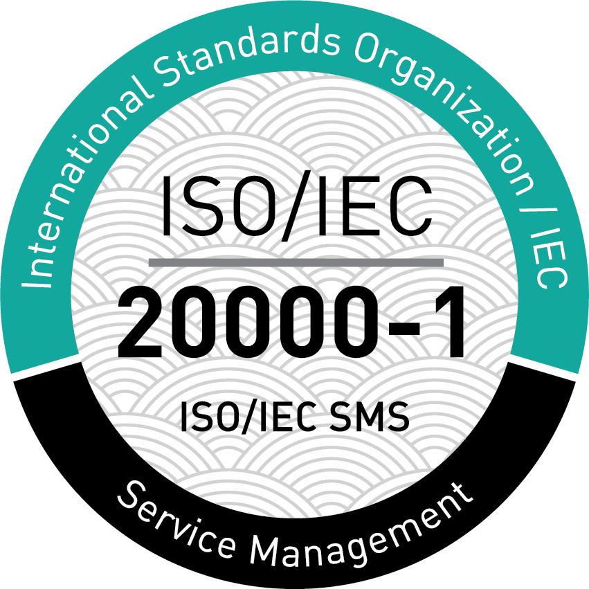 Badge for ISO/IEC 20000-1 Service Management Systems. The badge is circular, official-style seal, with a segmented outer ring, central emblem area, and a subtle patterned background, designed in a clean, formal style.