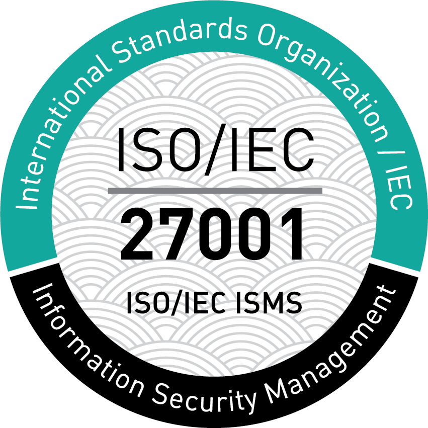 Badge for ISO/IEC 27001 Information Security Management Systems. The badge is circular, official-style seal, with a segmented outer ring, central emblem area, and a subtle patterned background, designed in a clean, formal style.