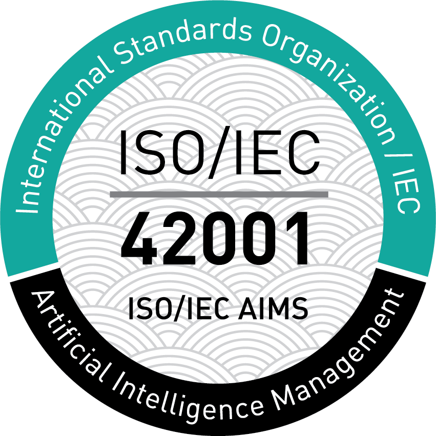 Badge for ISO/IEC 42001 AI (Artificial Intelligence) Management Systems. The badge is circular, official-style seal, with a segmented outer ring, central emblem area, and a subtle patterned background, designed in a clean, formal style.